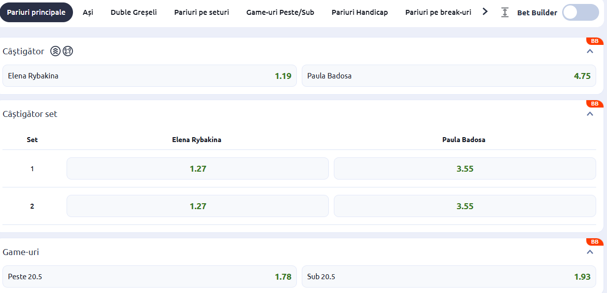 Cote pariuri Elena Rybakina vs Paula Badosa