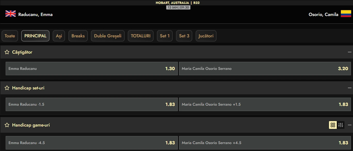 Cote pariuri Emma Răducanu vs Camila Osorio Hobart 2026