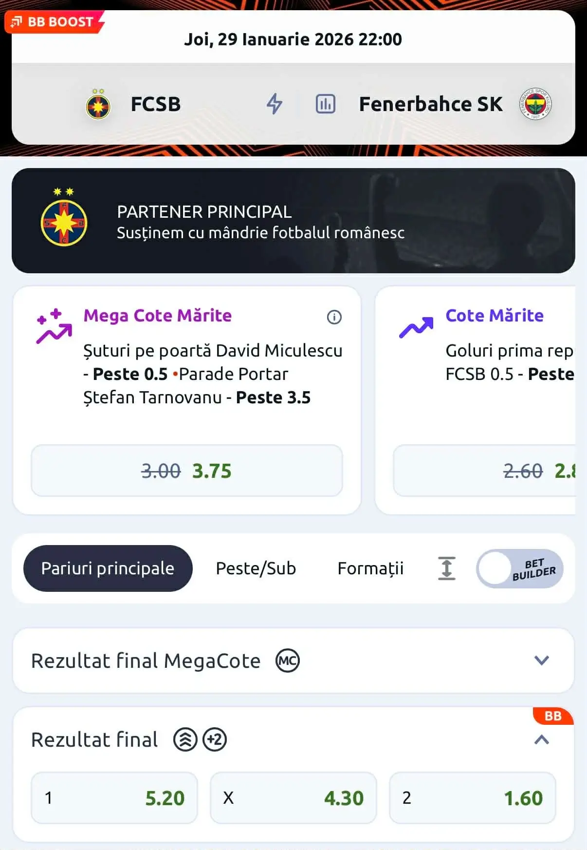 Cote pariuri FCSB - Fenerbahce 29 ianuarie 2026