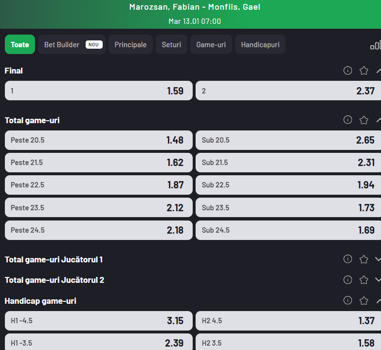 Cote pariuri Fabian Marozsan vs Gael Monfils
