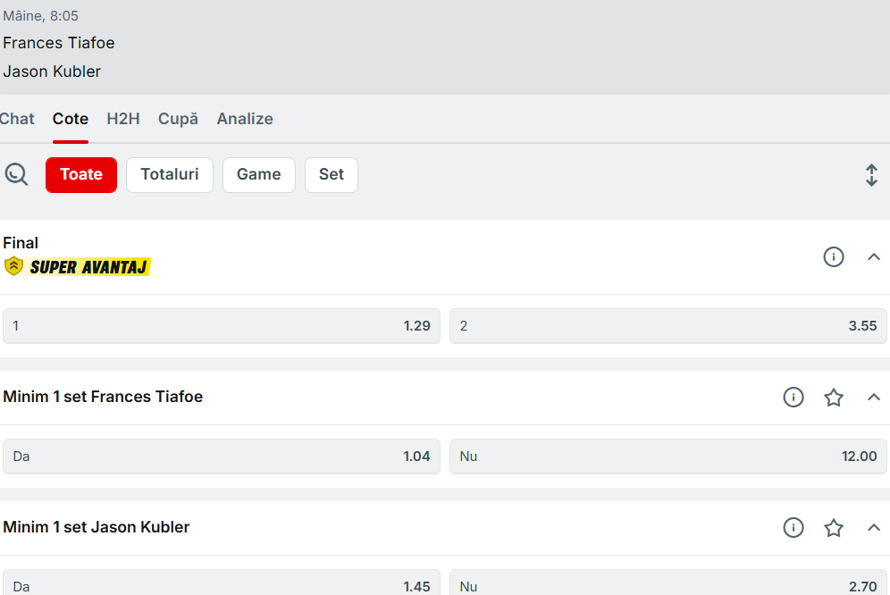 Cote pariuri Frances Tiafoe vs Jason Kubler