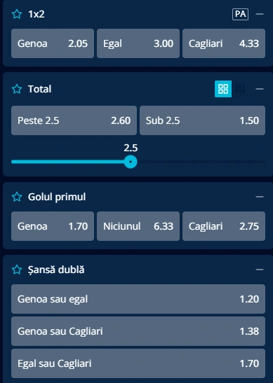 Cote pariuri Genoa vs Cagliari la Mr Bit