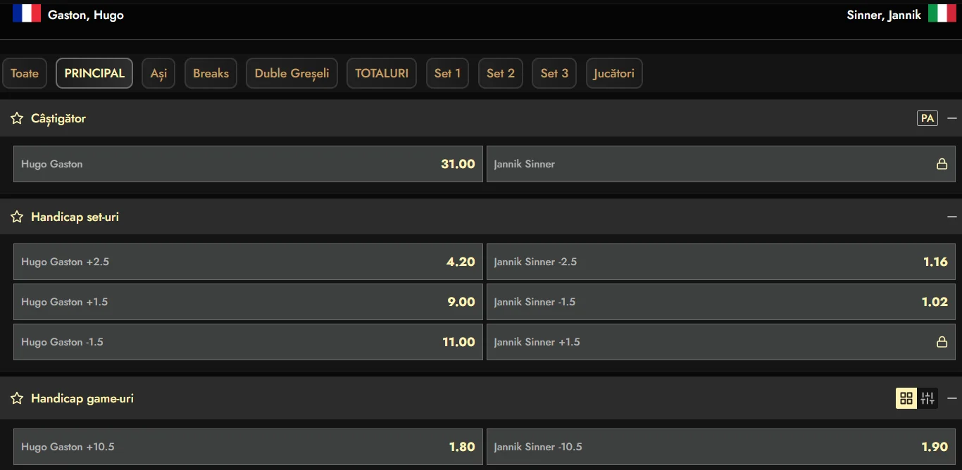 Cote pariuri Hugo Gaston vs Jannik Sinner - 2026 Australian Open runda inaugurală