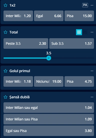 Cote pariuri Inter Milan vs Pisa la Mr Bit