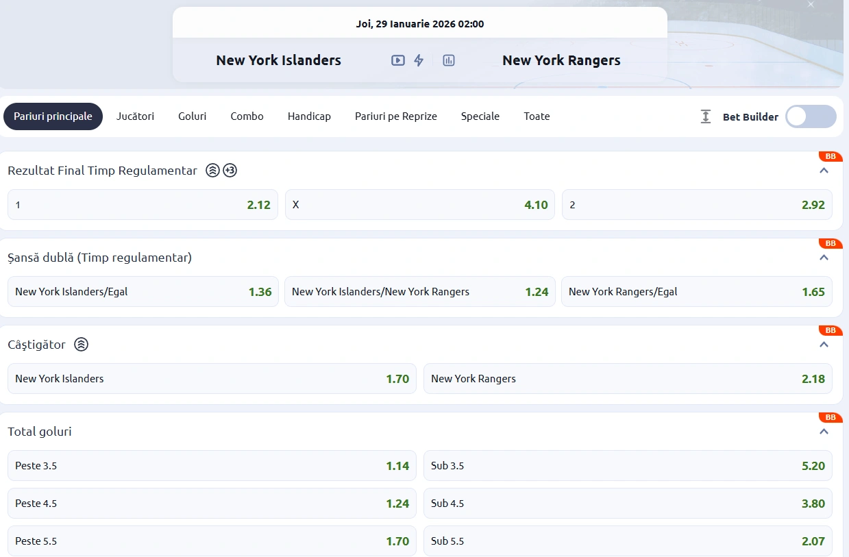 Cote pariuri Islanders vs Rangers NHL 29.01.2026
