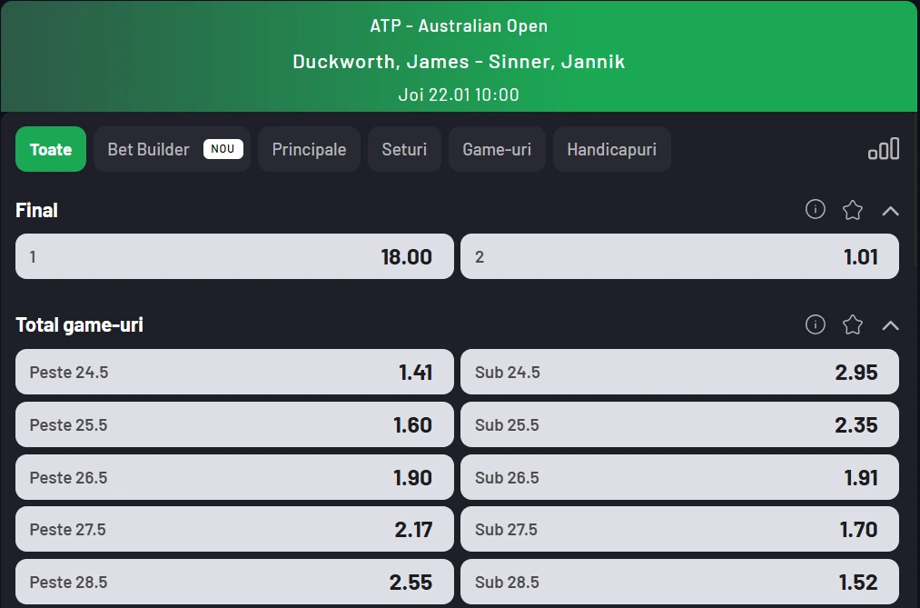 Cote pariuri James Duckworth vs Jannik Sinner - runda cu numărul doi de la Australian Open 2026
