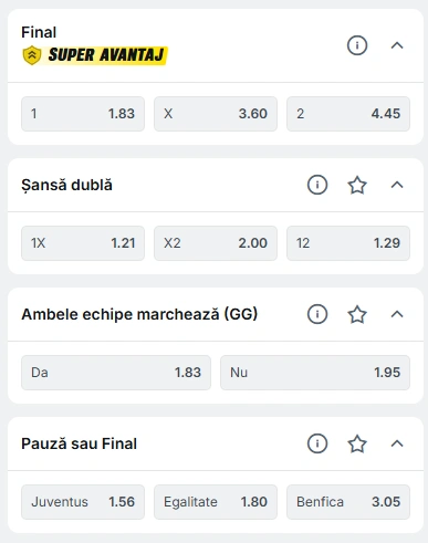 Cote pariuri Juventus vs Benfica la Superbet
