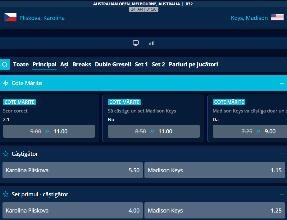 Cote pariuri Karolina Pliskova vs Madison Keys