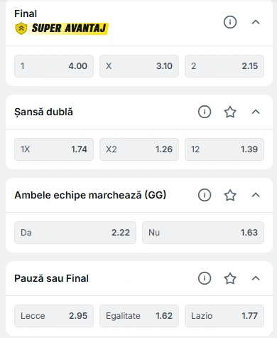 Cote pariuri Lecce vs Lazio la Superbet