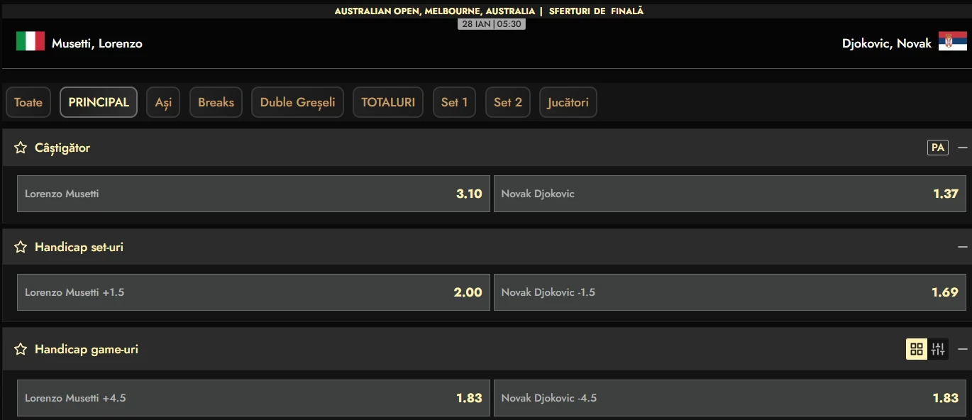 Cote pariuri Lorenzo Musetti vs Novak Djokovic - faza sferturilor de finală de la Australian Open 2026