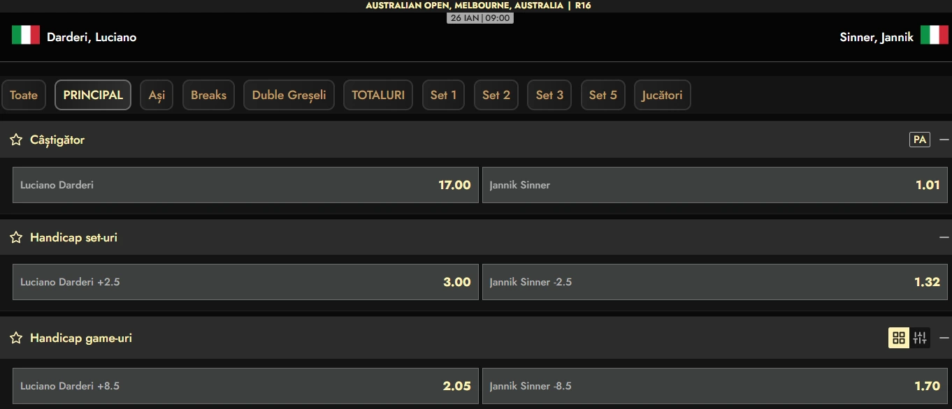 Cote pariuri Luciano Darderi vs Jannik Sinner - 2026 Australian Open faza optimilor de finală
