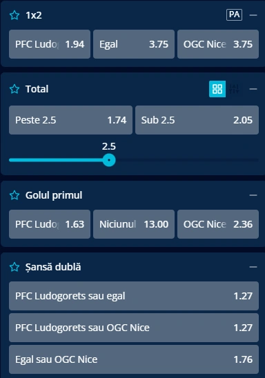 Cote pariuri Ludogorets vs Nice la Mr Bit