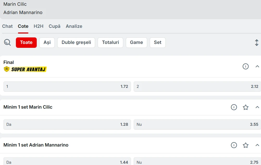 Cote pariuri Marin Cilic vs Adrian Mannarino