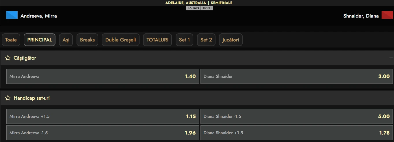 Cote pariuri Mirra Andreeva vs Diana Shnaider WTA Adelaide 2026