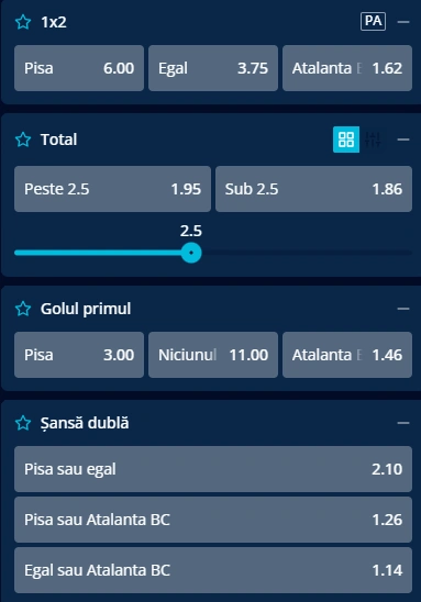Cote pariuri Pisa vs Atalanta la Mr Bit