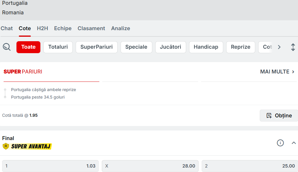 Cote pariuri Portugalia vs România