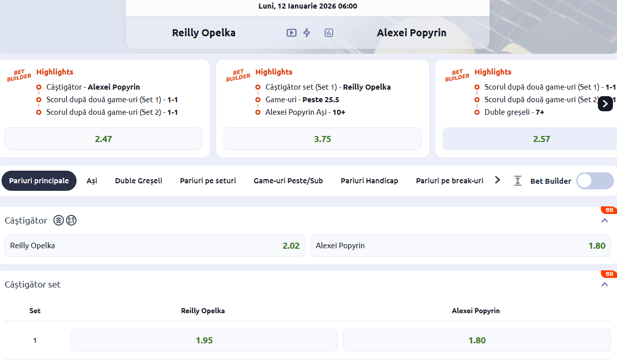 Cote pariuri Reilly Opelka vs Alexei Popyrin