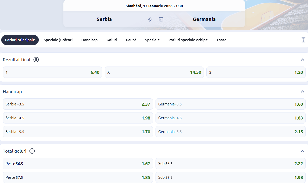 Cote pariuri Serbia vs Germania