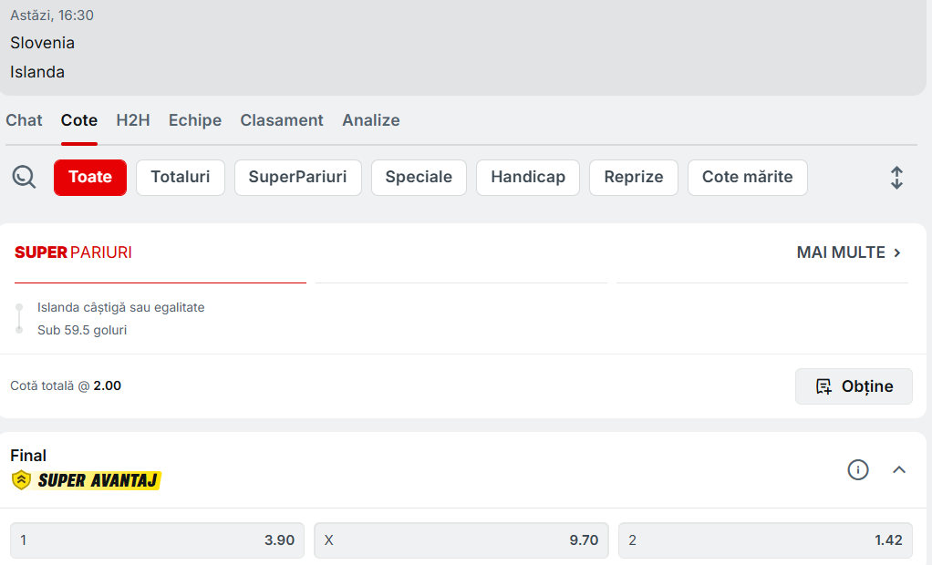 Cote pariuri Slovenia vs Islanda