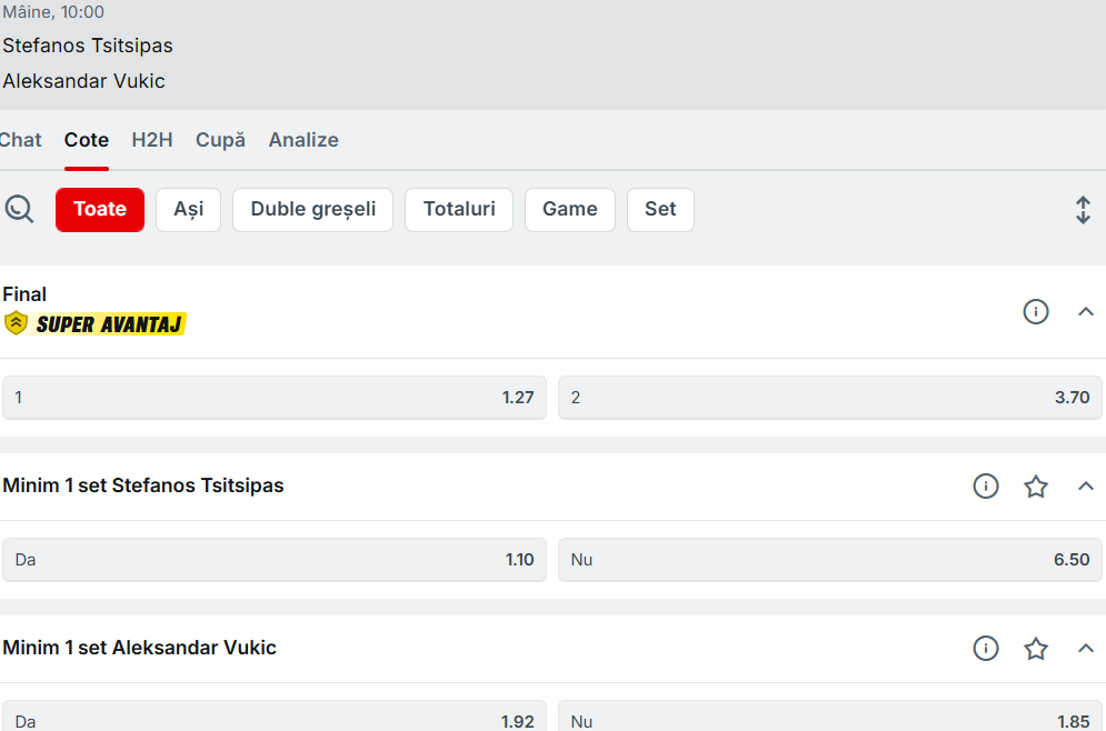 Cote pariuri Stefanos Tsitsipas vs Aleksandar Vukic