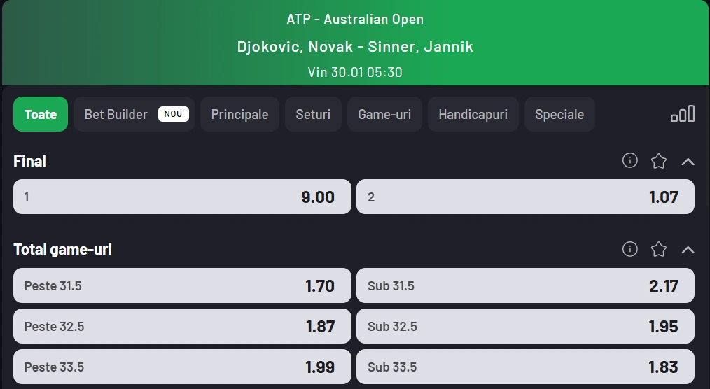 Cote pariuri semifinale ATP Australian Open 2026 - Novak Djokovic vs Jannik Sinner