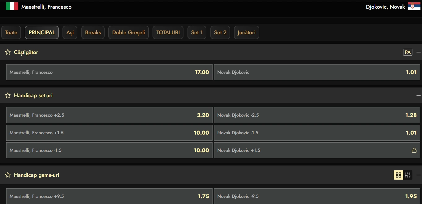Cote pariuri turul al doilea Australian Open 2026 - Francesco Maestrelli vs Novak Djokovic