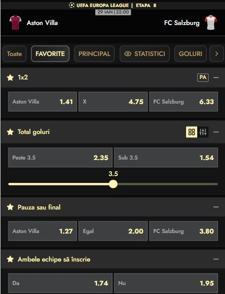 Cote pariuri Aston Villa vs RB Salzburg