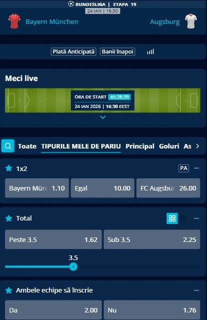 Cote pariuri Bayern - FC Augsburg