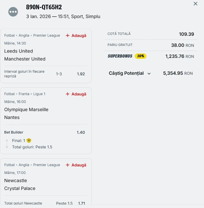 Bilet pariu șansă Superbet 04.01.2026