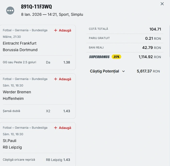 Bilet pariu șansă Superbet 09.01.2026