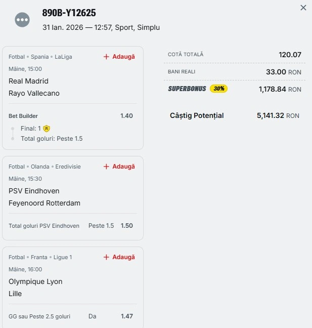 Bilet pariu șansă Superbet 1 februarie 2026
