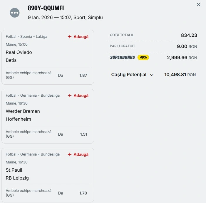 Bilet pariu șansă Superbet 10 ianuarie 2026