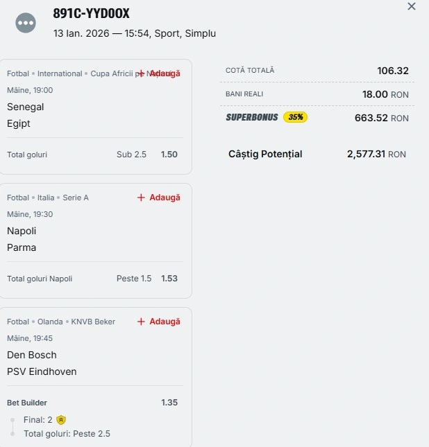 Bilet pariu șansă Superbet 14.01.2026