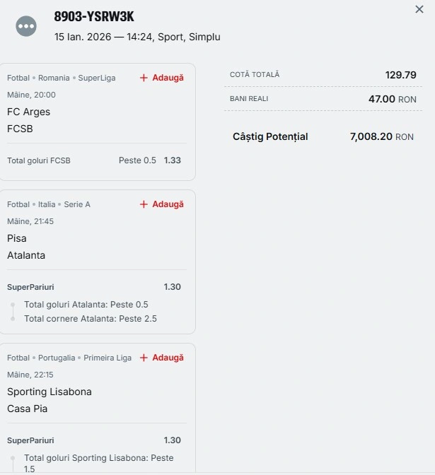 Bilet pariu șansă Superbet 16.01.2026