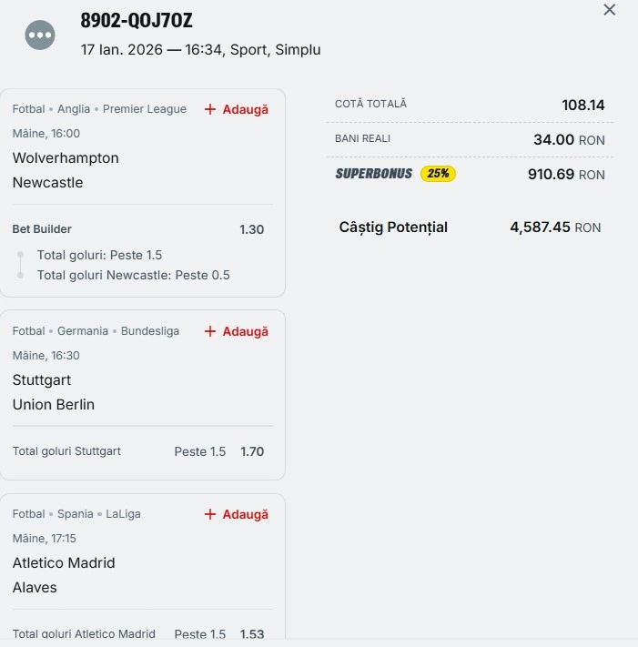 Bilet pariu șansă Superbet 18.01.2026