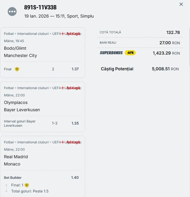 Bilet pariu șansă Superbet 20 ianuarie 2026