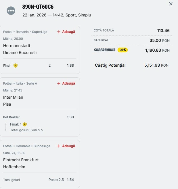 Bilet pariu șansă Superbet 23 ianuarie 2026