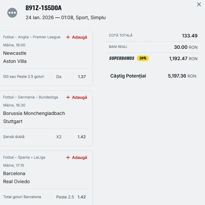 Bilet pariu șansă Superbet 25 ianuarie 2026