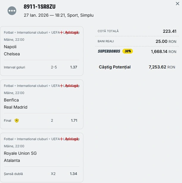 Bilet pariu șansă Superbet 28.01.2026