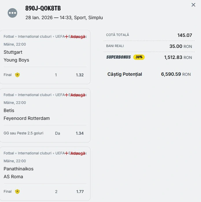 Bilet pariu șansă Superbet 29 ianuarie 2026