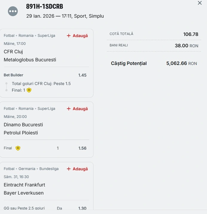 Bilet pariu șansă Superbet 30.01.2026