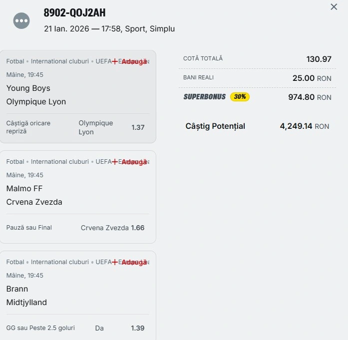 Bilet pariu șansă Superbet din Europa League 22 ianuarie 2026