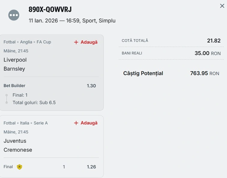 Bilet săptămânal din fotbal 12.01.2026