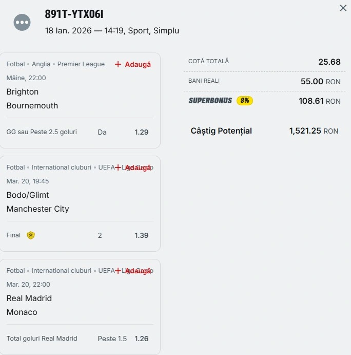 Bilet săptămânal din fotbal 19 ianuarie 2026