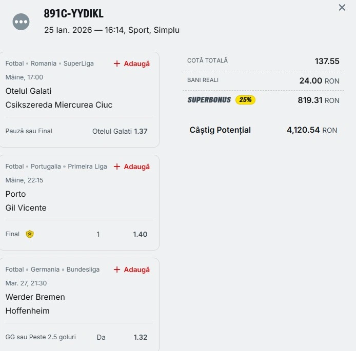 Bilet săptămânal din fotbal 26 ianuarie 2026