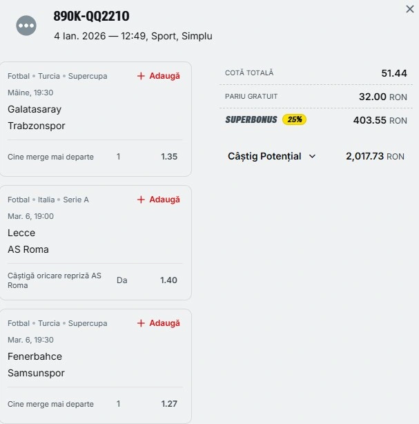 Bilet săptămânal din fotbal 5 ianuarie 2026