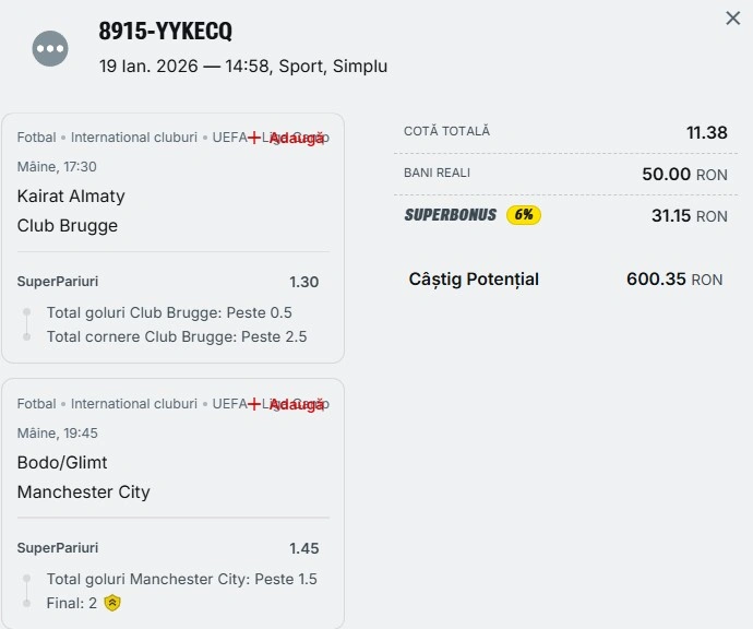 Biletul zilei azi din Champions League 20.01.2026