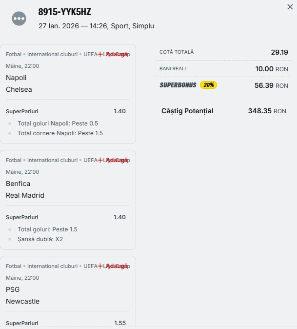 Biletul zilei azi din Champions League 28 ianuarie 2026
