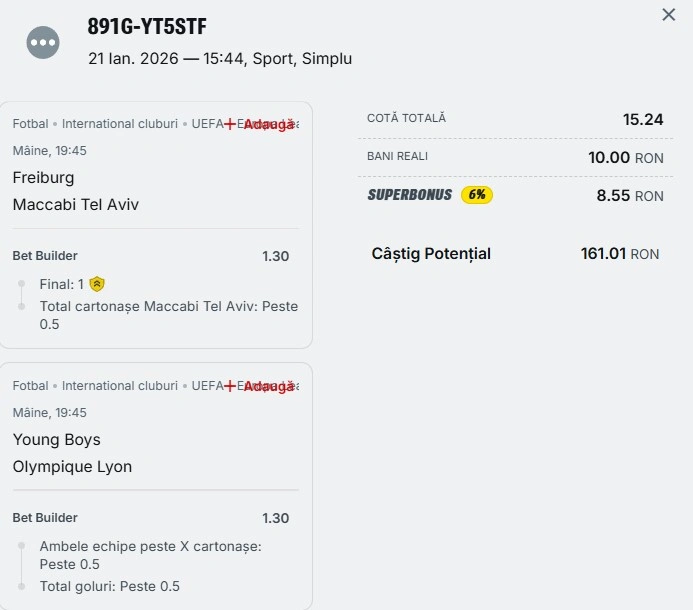 Biletul zilei azi din Europa League 21.01.2026