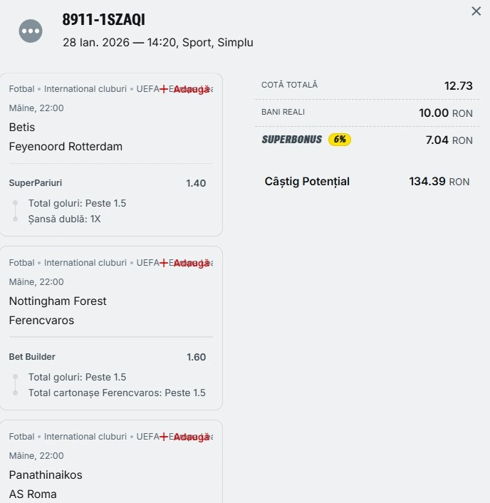 Biletul zilei azi din Europa League 29.01.2026